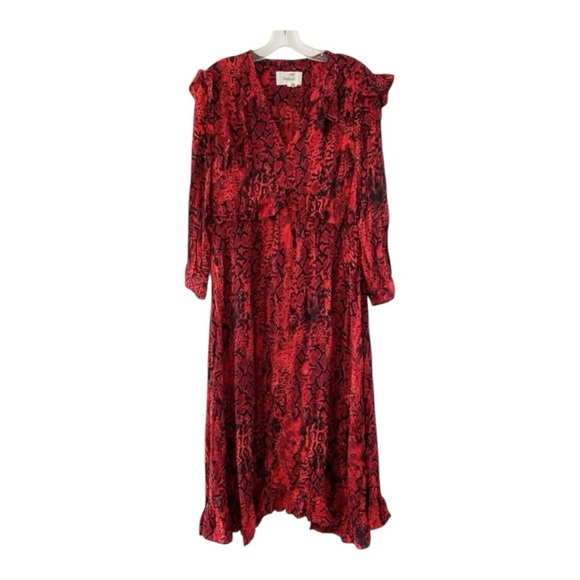 Ba&sh Sahara Midi Dress 3/4 Sleeves Ruffled in Red Black Snake Print Size Large - Picture 5 of 10